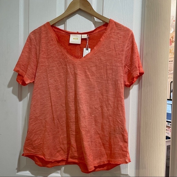 Nwt Anthropologie Maeve Arista Washed Tee Summer Top Orange Coral Cotton v-neck - Picture 4 of 5